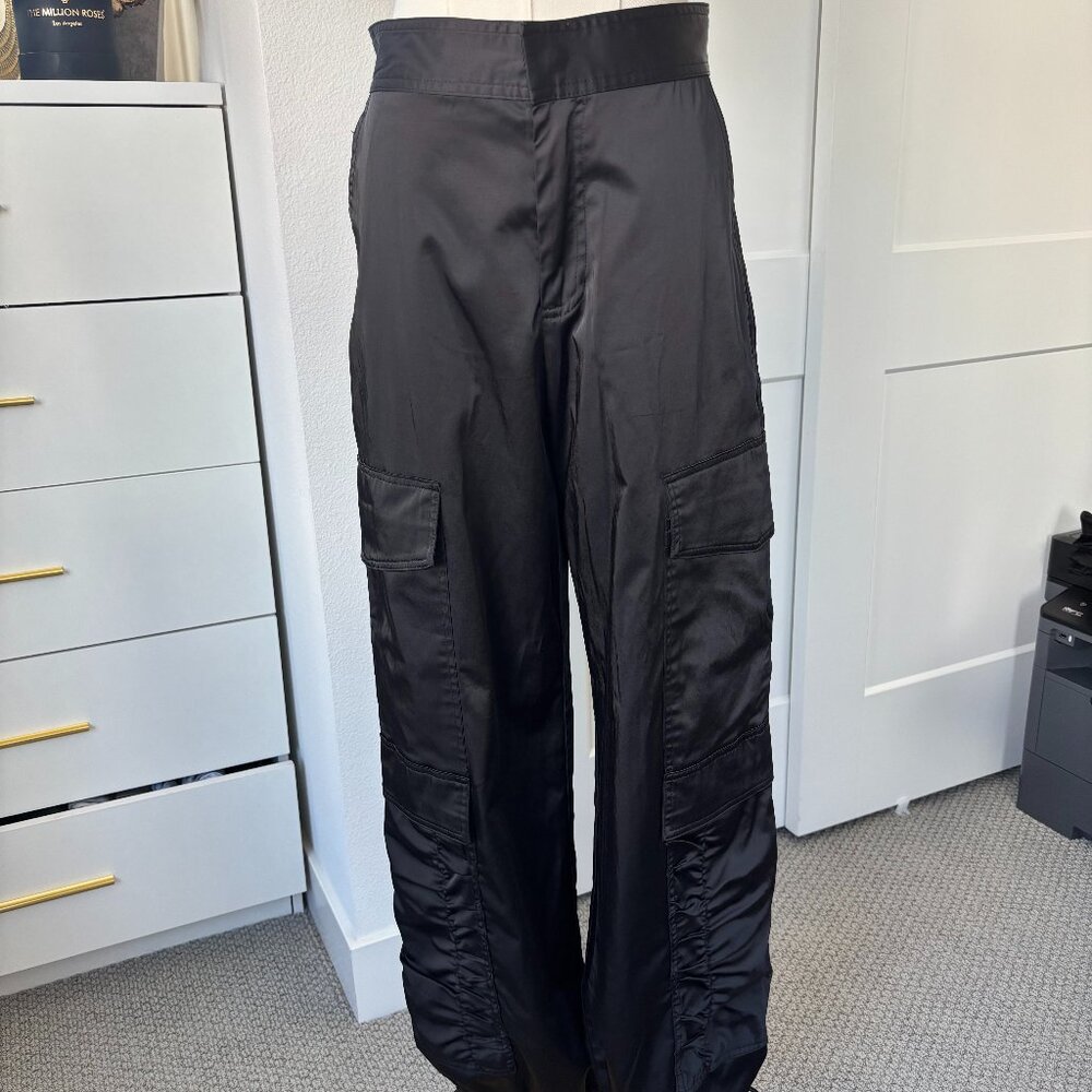ZARA Pants Womens Size Small Black Satin Effect Cargo Pants Side Multi Pockets